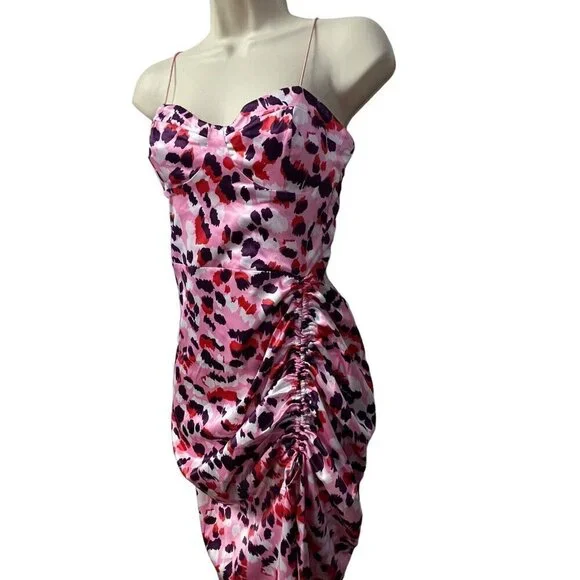 Asos Design Midi Dress Size 4 Satin Cami Pink Purple Leopard‎ Ruched Side Party - Picture 7 of 16